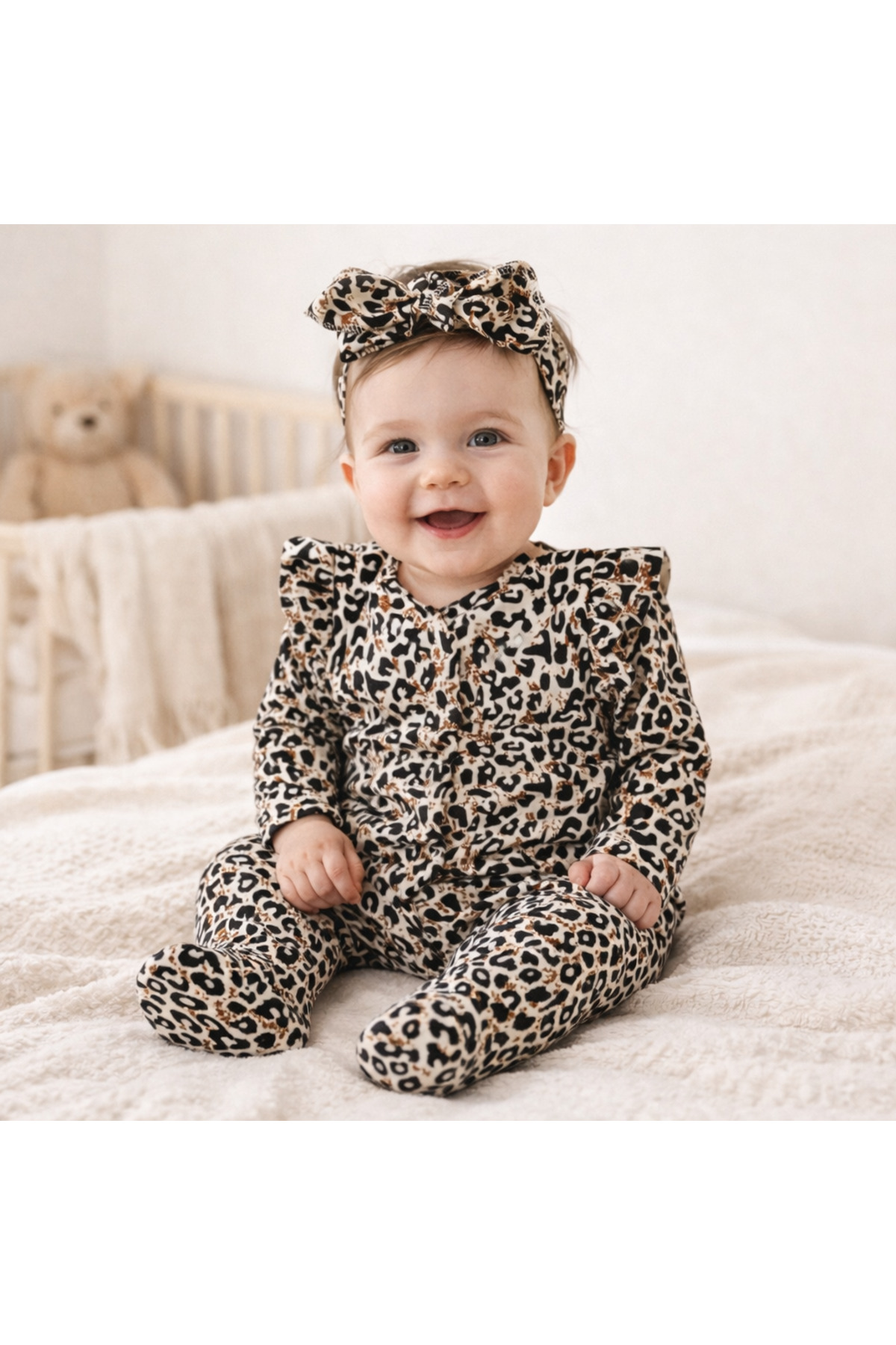 OMY %100 PAMUK 3-6-9 AY BANDANALI OMZU FIRFIRLI LEOPAR DESENLİ TULUM TAKIM 2'Lİ SET BEBEK&ÇOCUK TAKIM fotoğrafı 4 (önizleme)