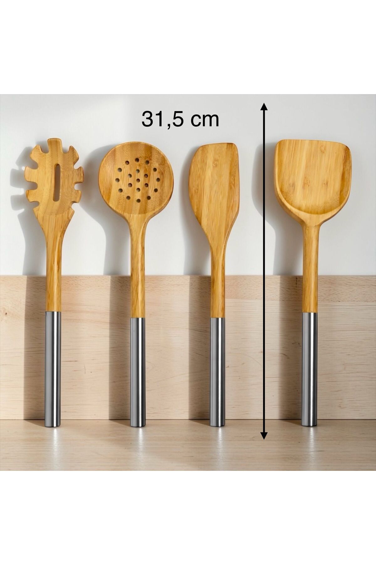 Metal Saplı Bambu 4’lü Mutfak Seti – Kevgir, Spatula, Yan Spatula ve Makarna Servis Kaşığı