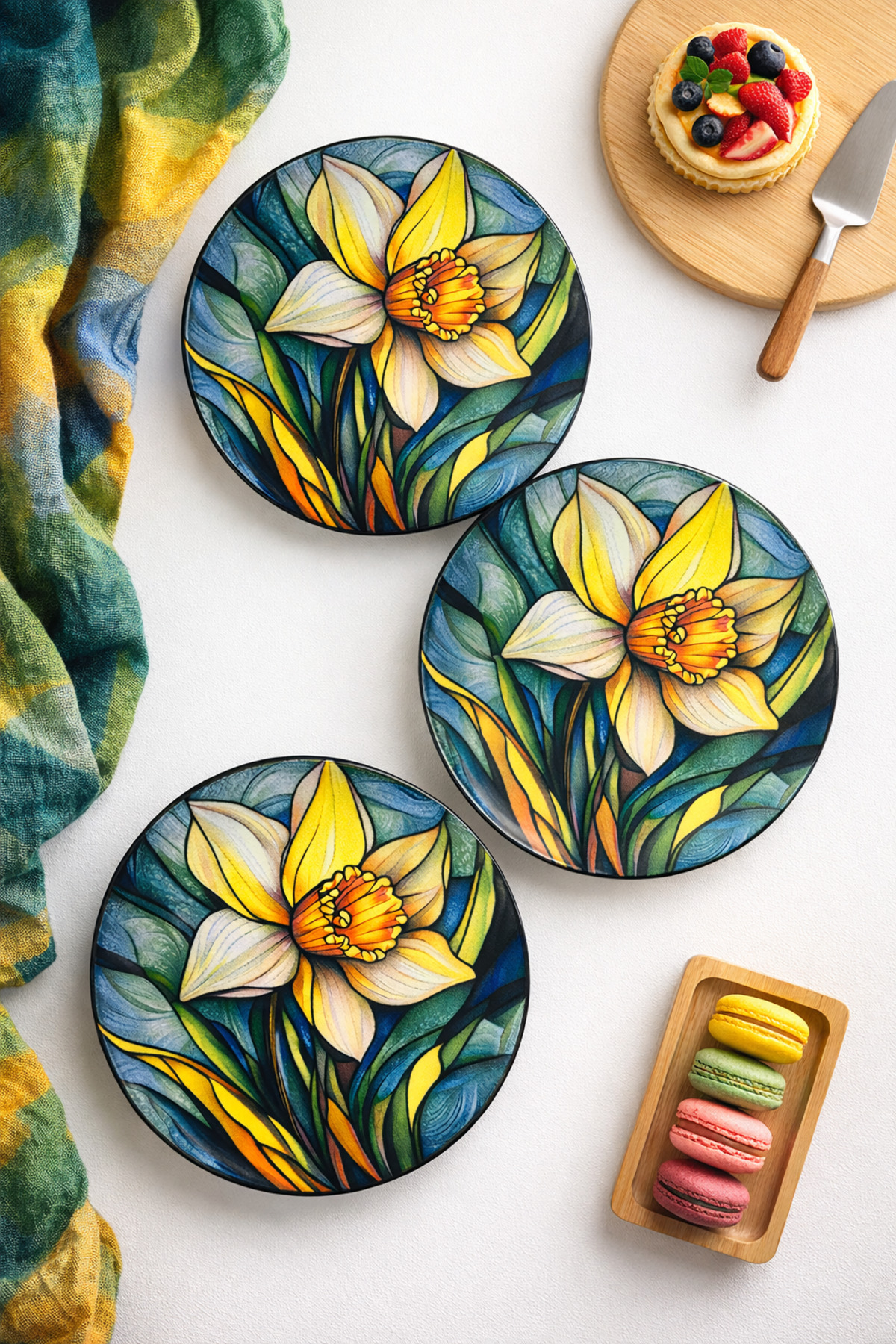 Daffodil Flower Pattern Cake Plate Set (6 Pieces, 20 CM) Modern Decorative Dessert Cake Serving Plate