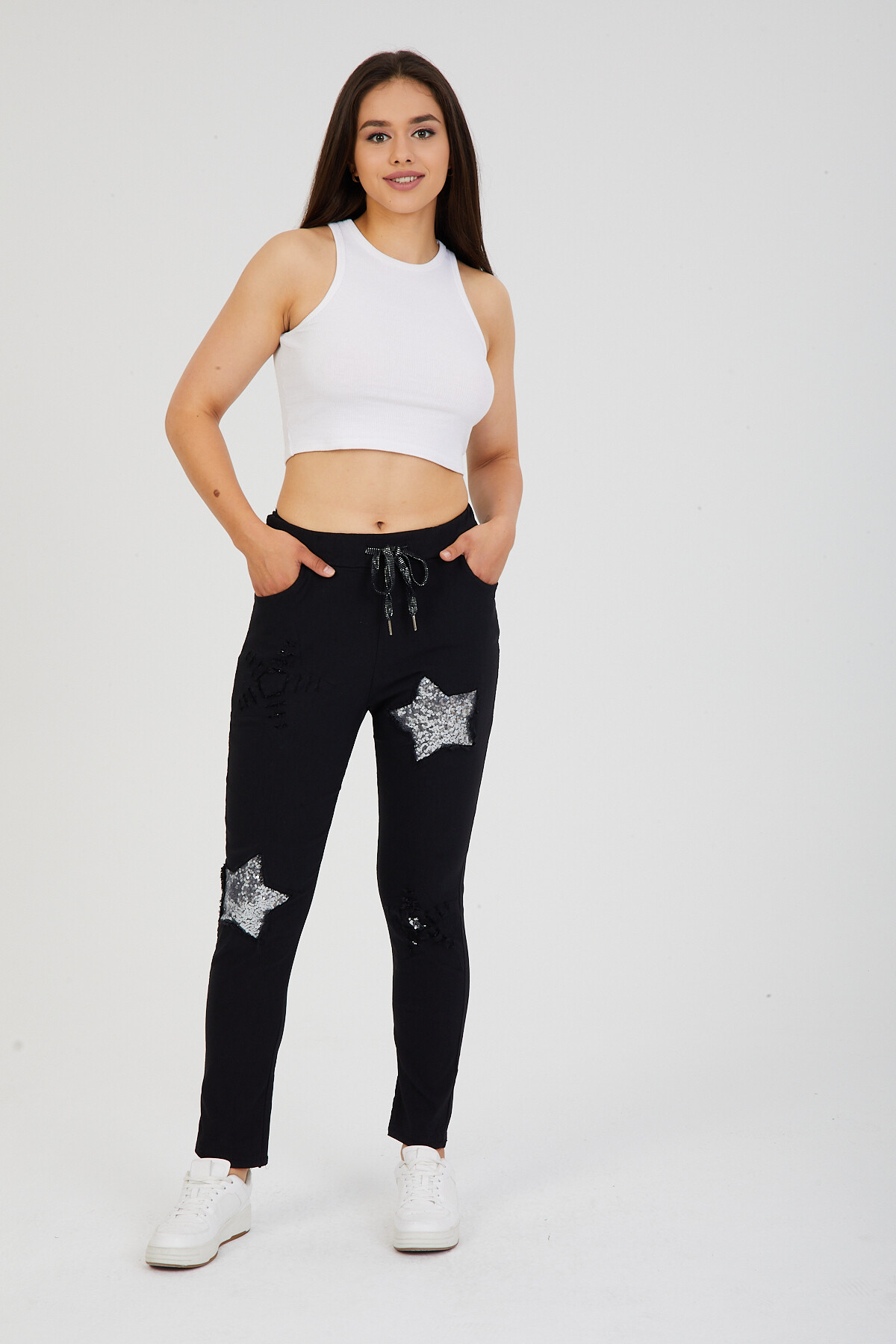 Women's Black Italian Star Pattern Sequined Elastic Waist Lace-up Lycra Pants Size 40 - 46