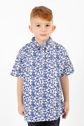 Banadamoda Erkek Çocuk Pamuklu Beyaz-Mavi Desenli Kısa Kollu Gömlek