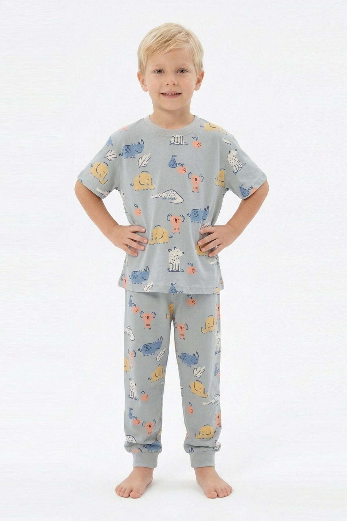 bunny hopp Erkek Çocuk %100 Pamuk Süprem Pijama Takımı - Kısa Kollu Manşetli Yazlık Pijama - Gri Hayvan Desenli fotoğrafı 2 (önizleme)