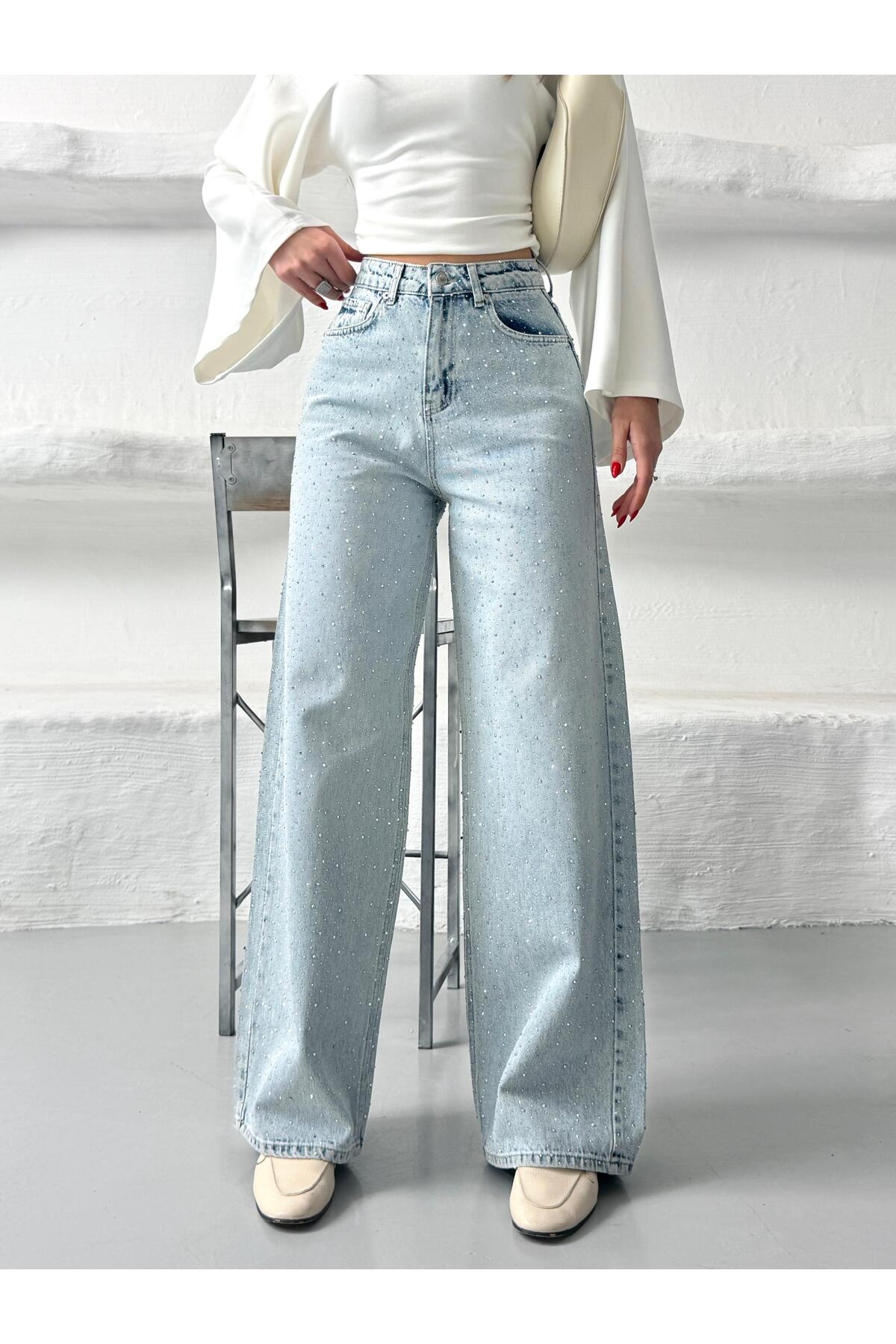 Vooz  Kadın Taşlı Baggy Jean Yüksek Bel Bol Paça Pantolon Açık Mavi Ön Arka Taşlı - Görsel 7