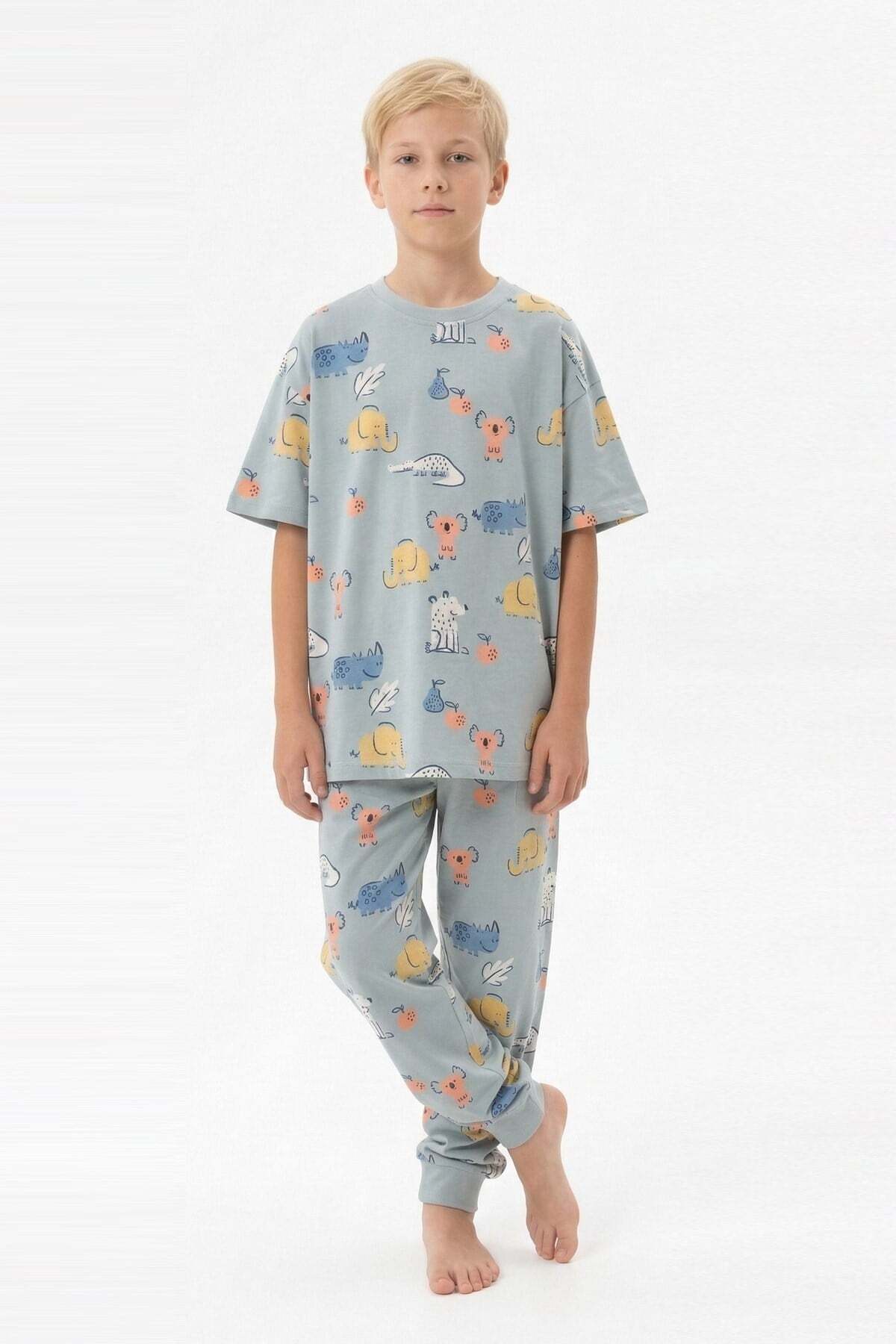 bunny hopp Erkek Çocuk %100 Pamuk Süprem Pijama Takımı - Kısa Kollu Manşetli Yazlık Pijama - Gri Hayvan Desenli fotoğrafı 5 (önizleme)