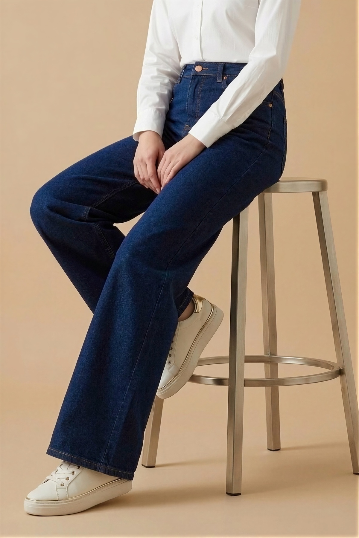 İmajButik  Koyu Mavi Yüksek Bel Palazzo Kot Pantolon - Görsel 2