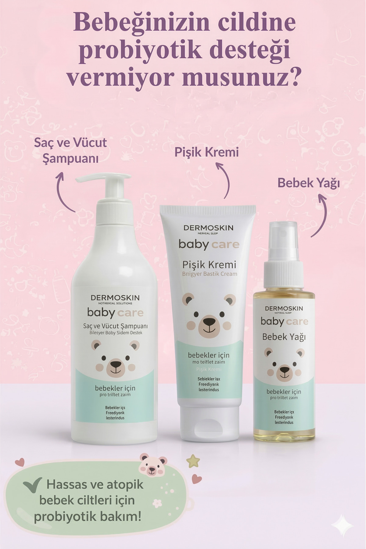 Dermoskin Babycare Günlük Bebek Bakım Seti | Saç ve Vücut Şampuanı + Bebek Yağı + Pişik Kremi | 3'lü Set fotoğrafı 3 (önizleme)
