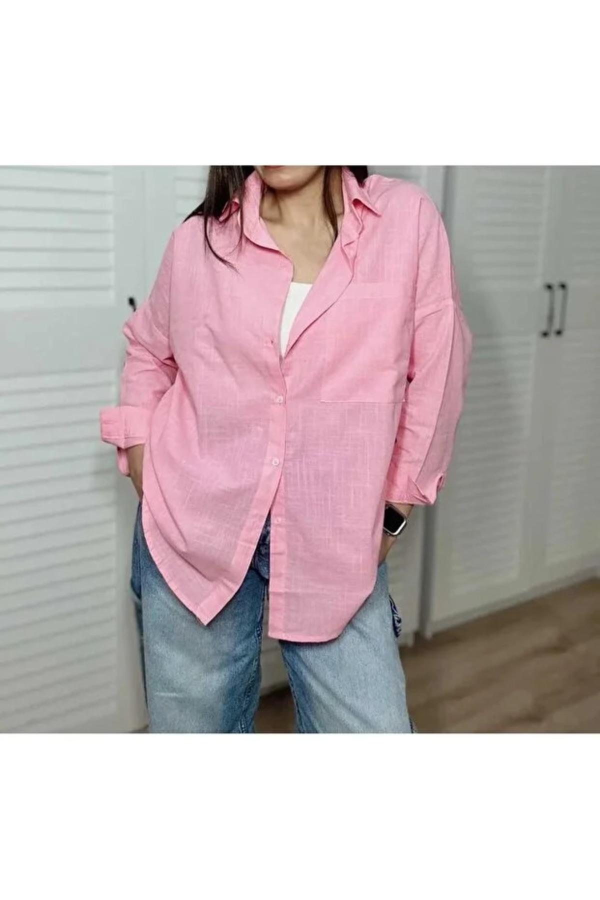 İnazuma Outdoors  Kadın Keten Pembe Gömlek Yazlık Oversize Gömlek Yeni Sezon - Görsel 4