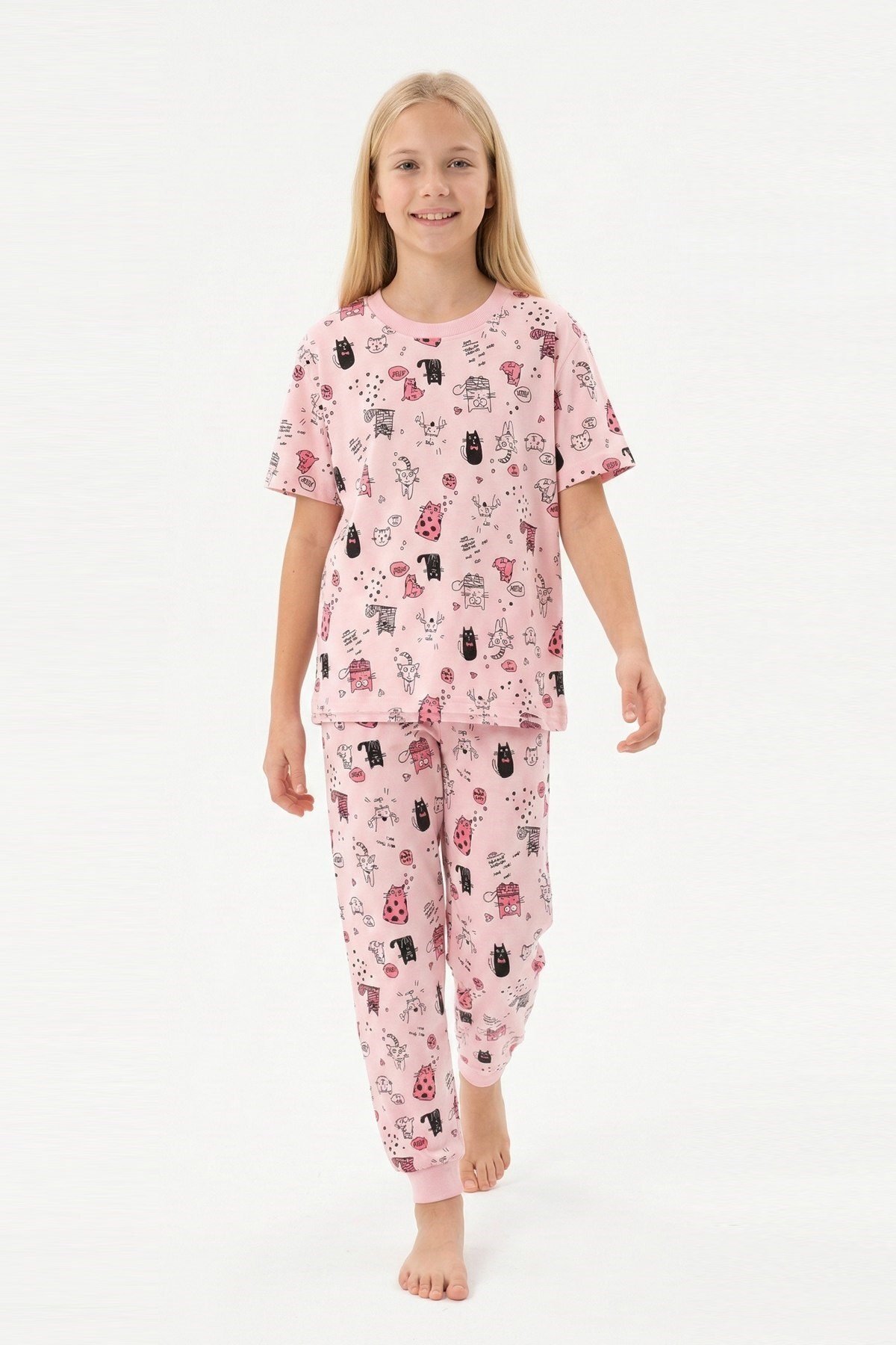 bunny hopp Kız Çocuk %100 Pamuk Süprem Pijama Takımı - Kısa Kollu Manşetli Yazlık Pijama - Pembe Kedi Desenli fotoğrafı 5 (önizleme)