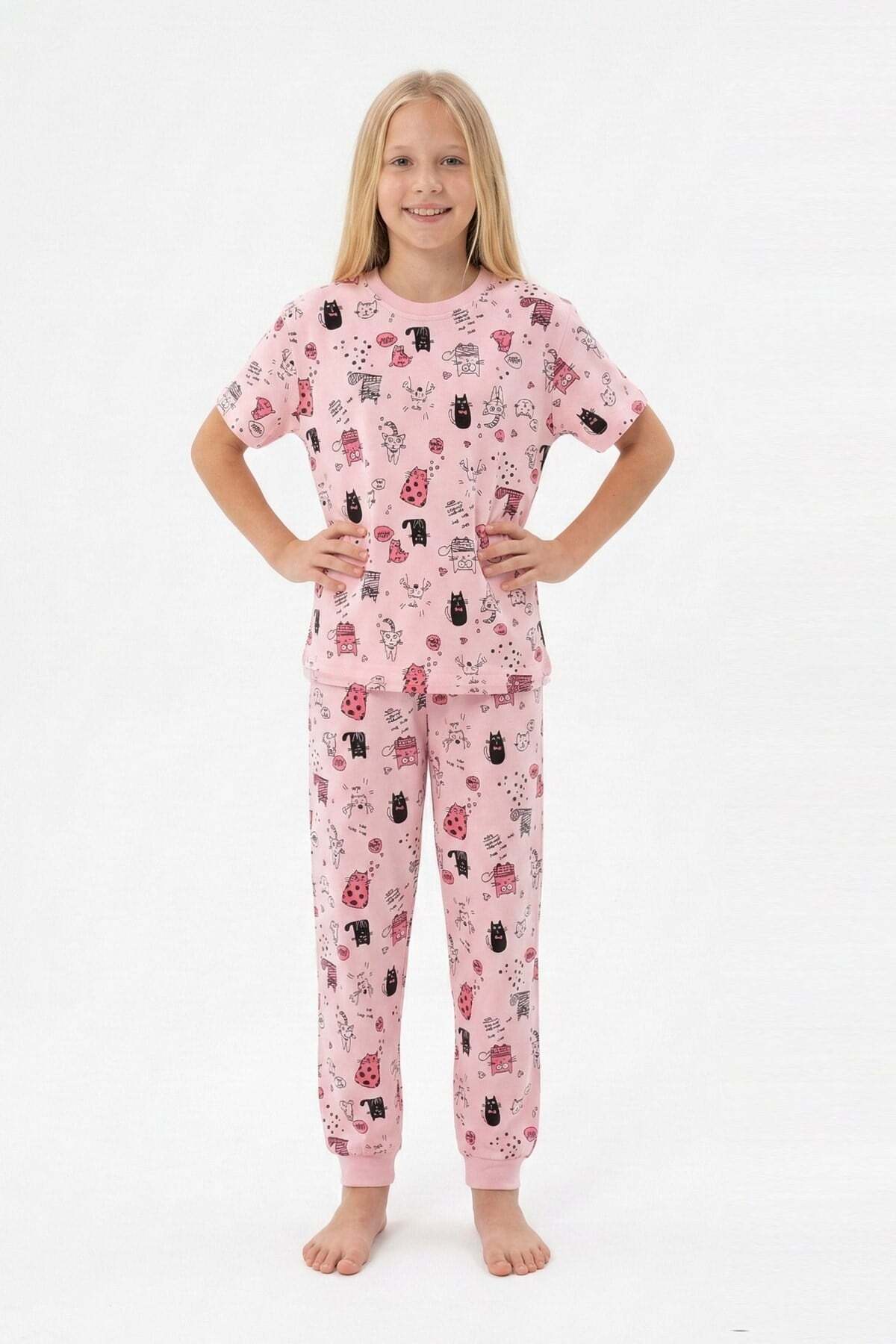bunny hopp Kız Çocuk %100 Pamuk Süprem Pijama Takımı - Kısa Kollu Manşetli Yazlık Pijama - Pembe Kedi Desenli fotoğrafı 4 (önizleme)