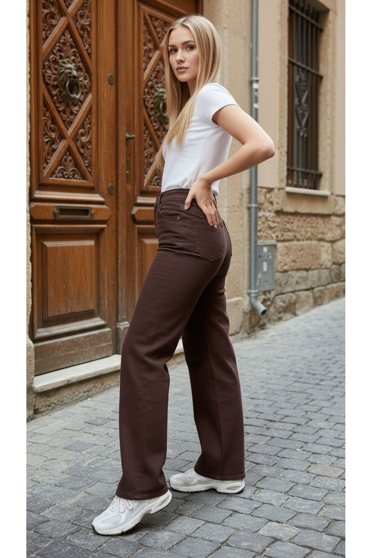 geenz manifacture Kahverengi 90's Likralı Süper Yüksek Bel Wide Leg Salaş Jeans Palazzo Pantolon görsel 5