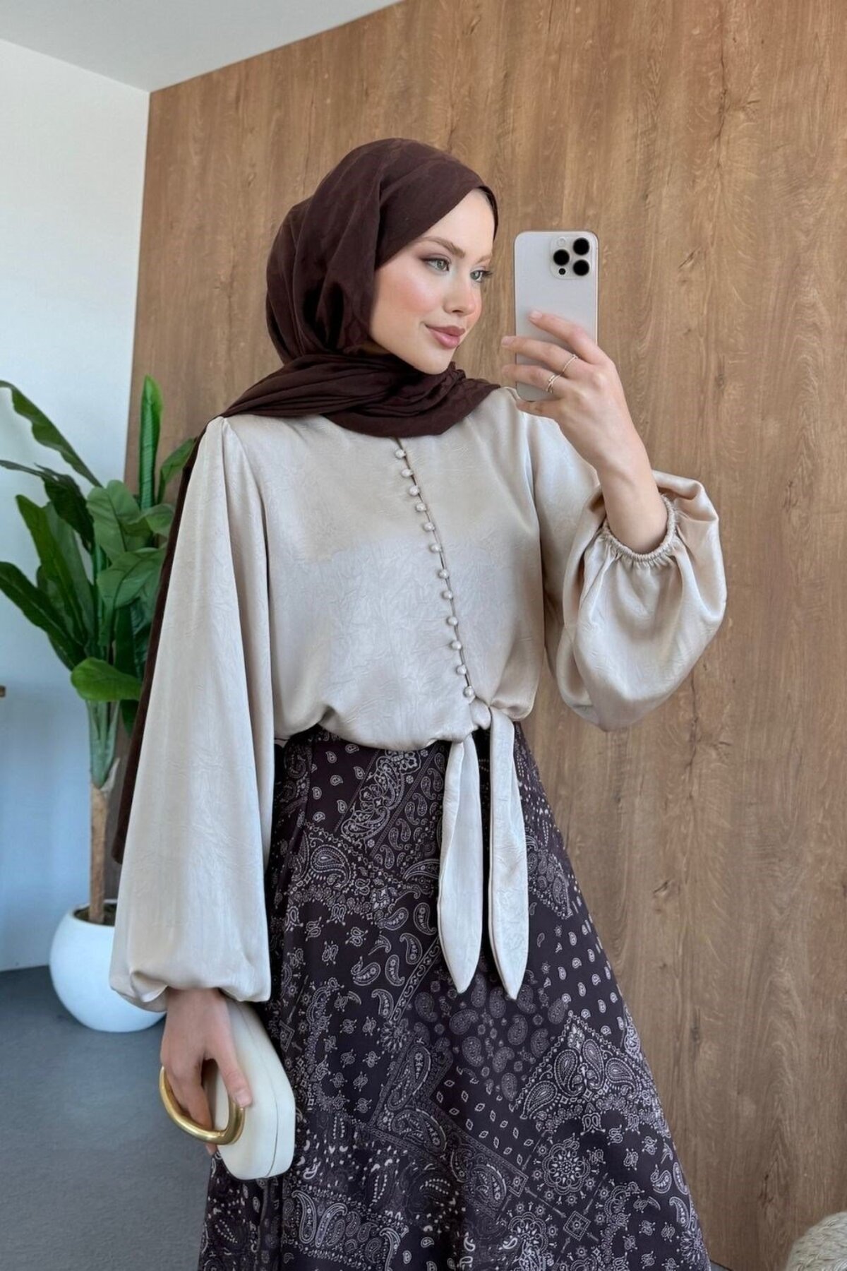 Pearl Satin Shirt Beige