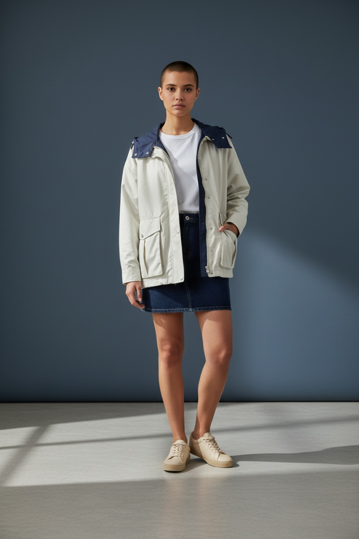 SEMİZ GİYİM  Lacivert-Bej Renk Bloklu Kapüşonlu Yağmurluk - Görsel 2