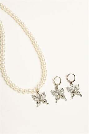 marmara qumasch Kelebek Tasarımlı İnci Boncuklu Kolye Küpe Takım