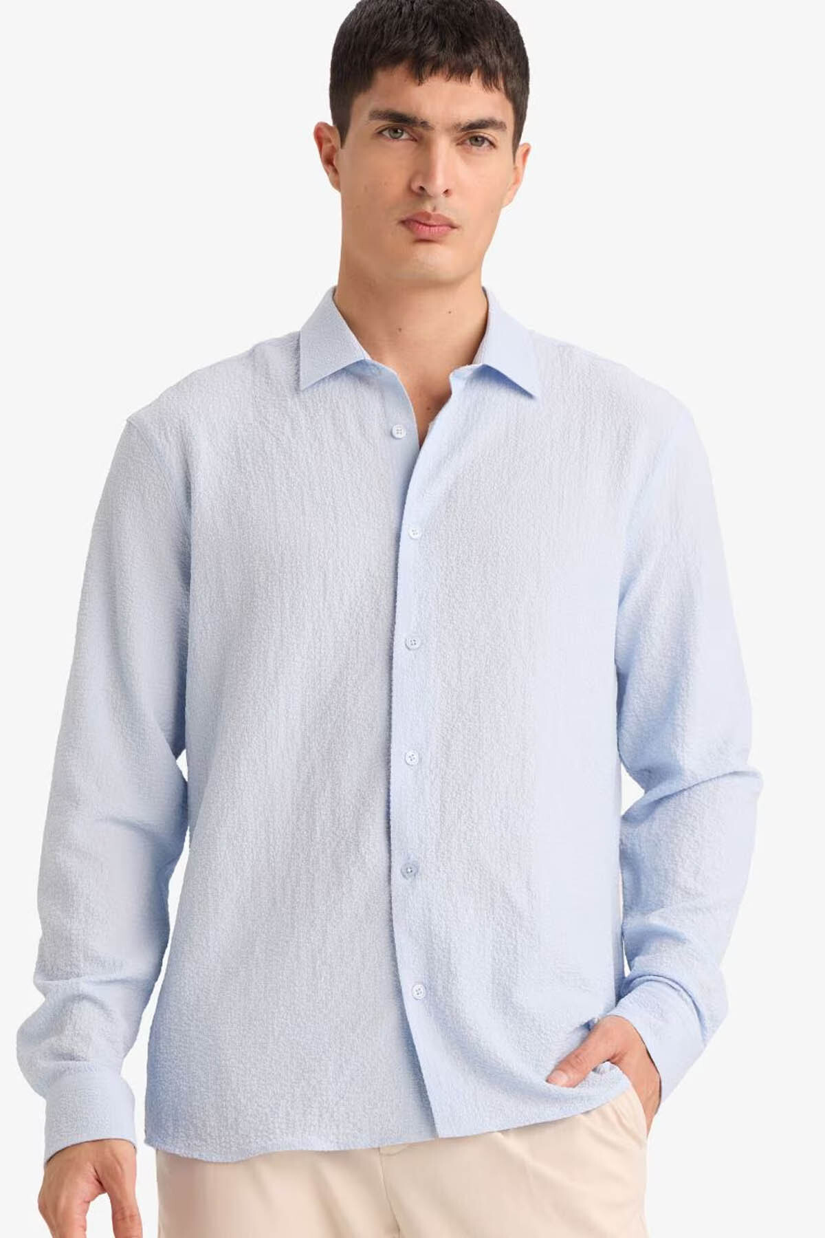 DeFacto Modern Fit Polo Yaka Dokuma Uzun Kollu Gömlek D7246AX26SP