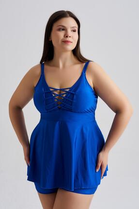 AQUAVİVA Kadın Saks Büyük Beden Venezıa Çapraz İpli Şortlu Tankini Set