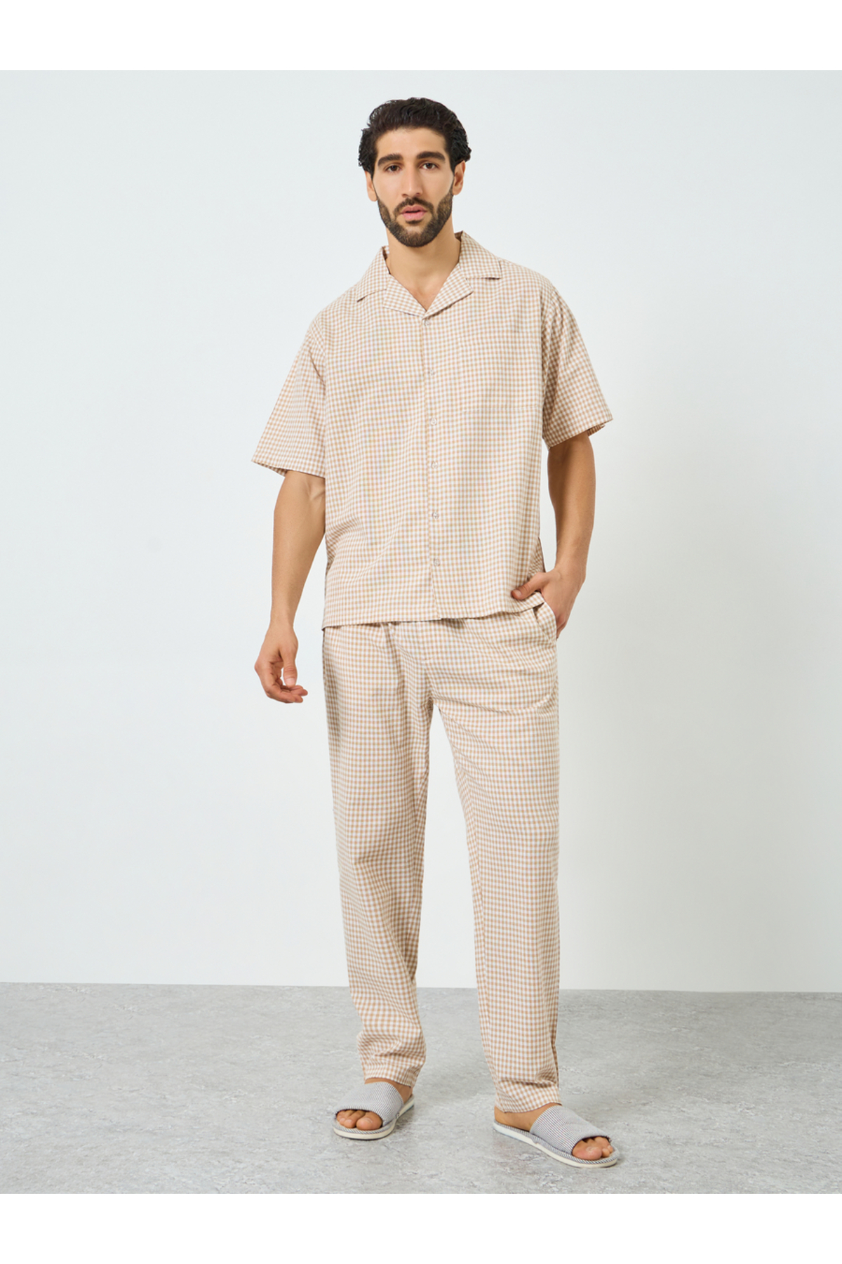 Styli Men Checkered Relaxed Fit Cotton Shirt and Pyjama Set
