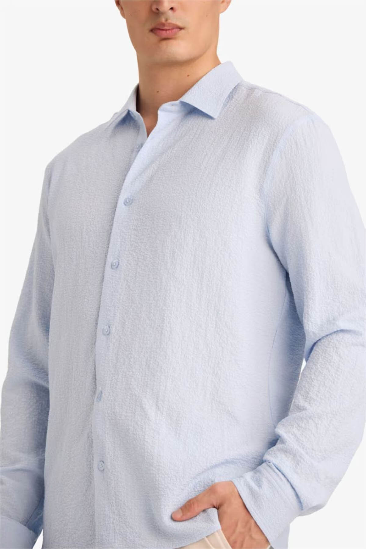 DeFacto Modern Fit Polo Yaka Dokuma Uzun Kollu Gömlek D7246AX26SP görsel 4