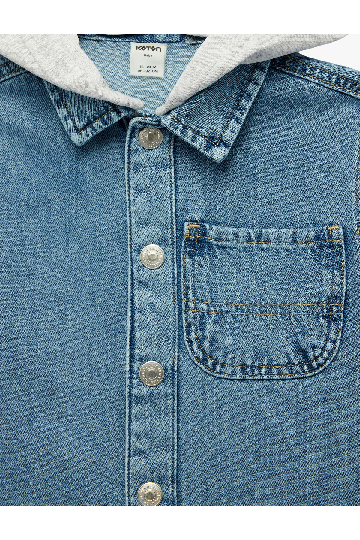 Koton Uzun Kollu Pamuklu Cepli Düğmeli Çıkarılabilir Kapşonlu Denim Ceket fotoğrafı 3 (önizleme)