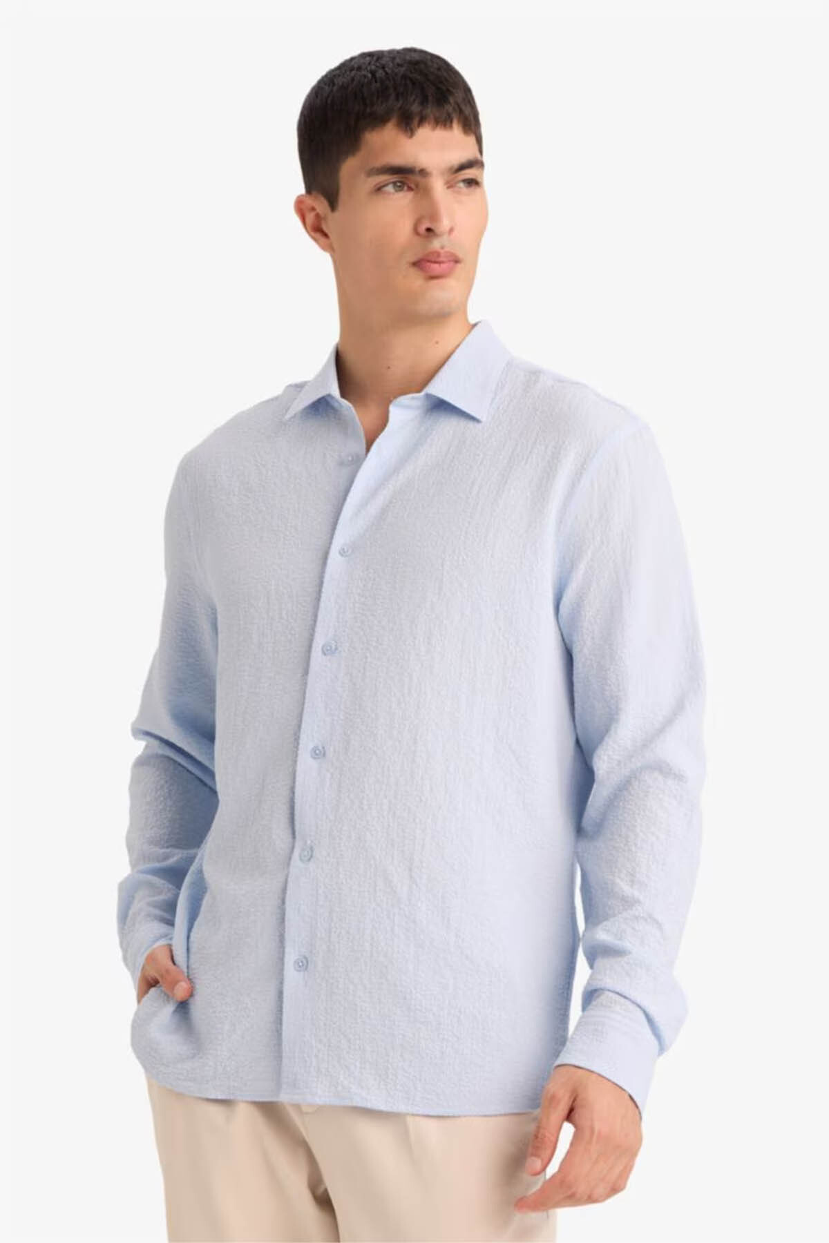 DeFacto Modern Fit Polo Yaka Dokuma Uzun Kollu Gömlek D7246AX26SP görsel 3