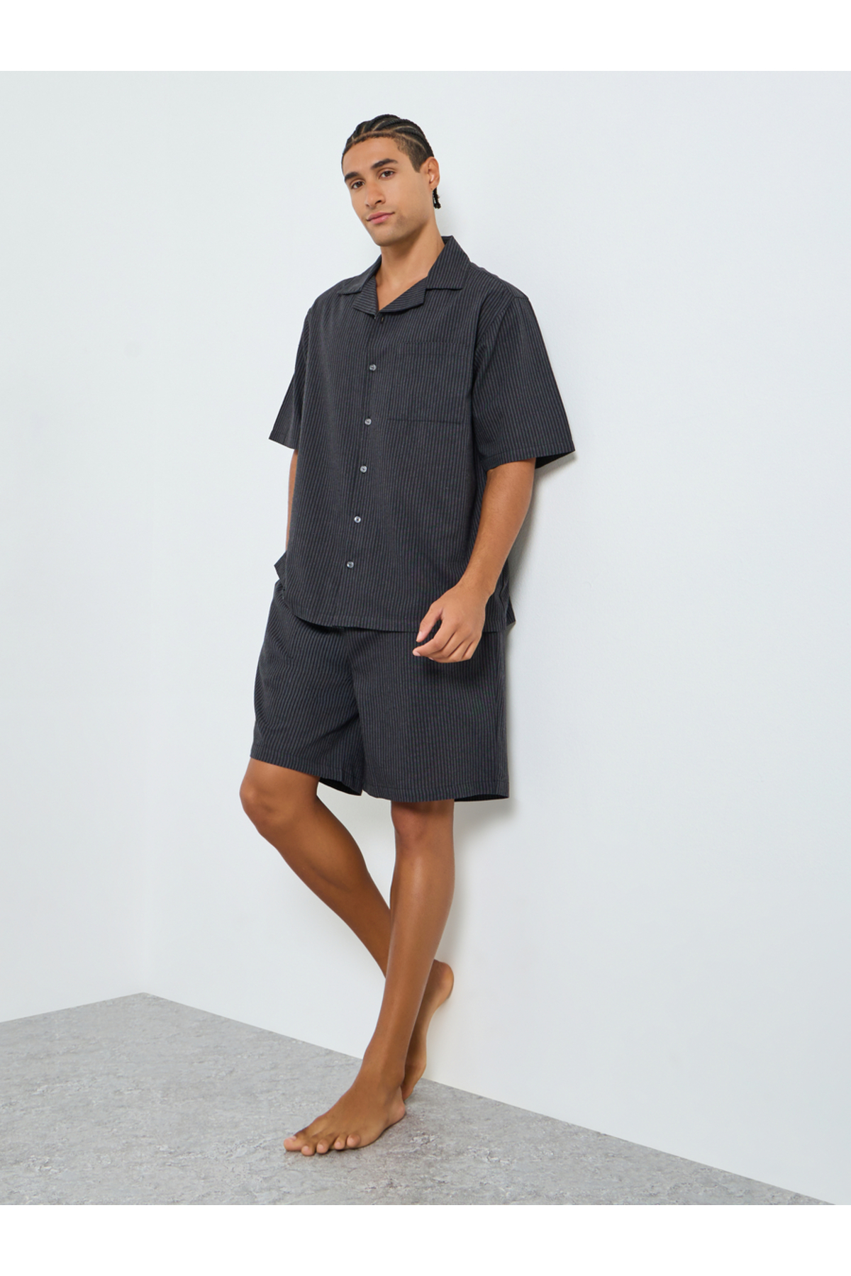 Styli Men Grey Striped Cotton Shirt and Shorts Set