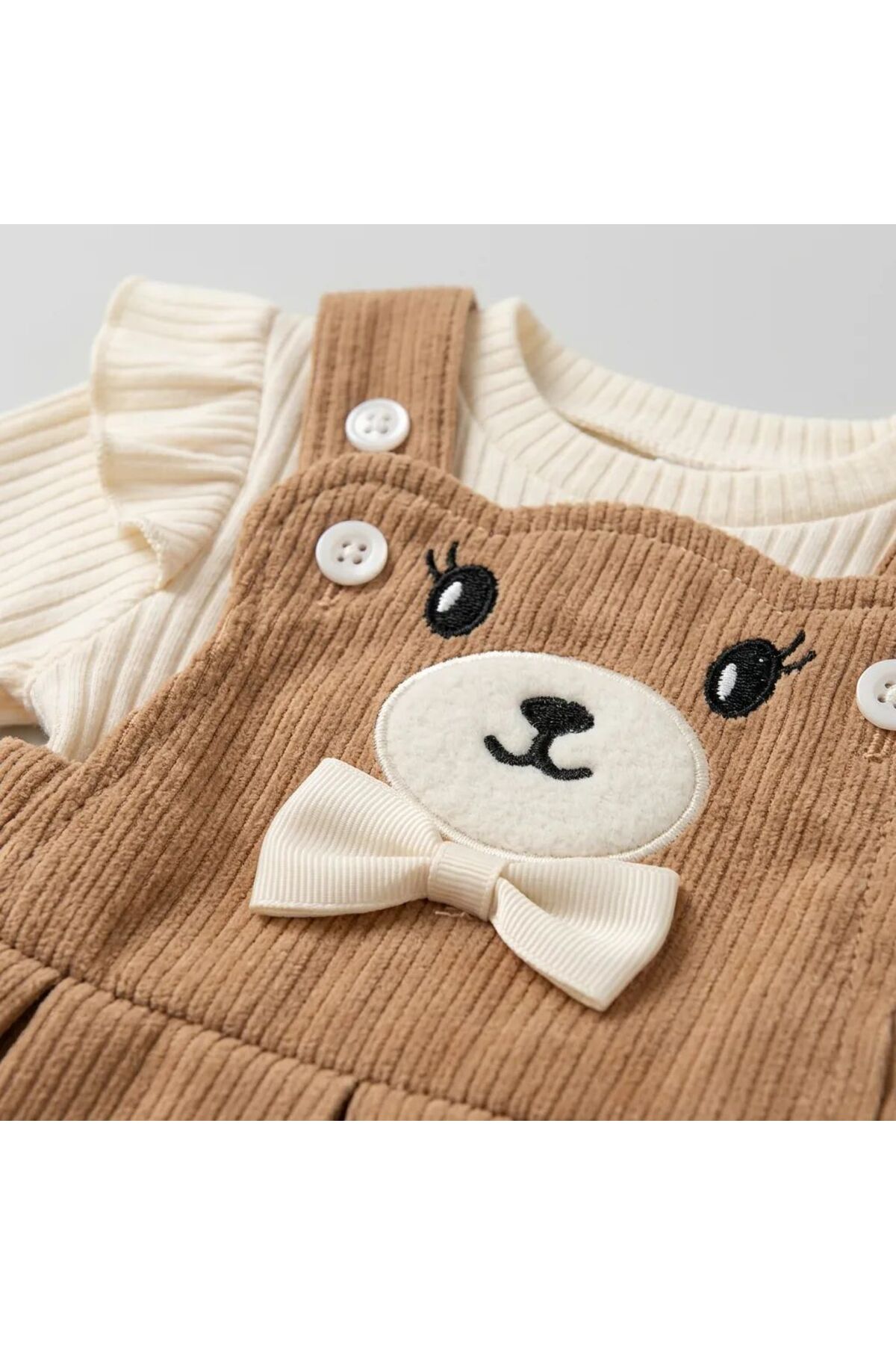 TA&CE Kız Çocuk Ayıcık Figürlü Uzun Kollu Tişörtlü Kadife Jile (Solopet) Elbise 2’li Takım (6-24 Ay) fotoğrafı 4 (önizleme)