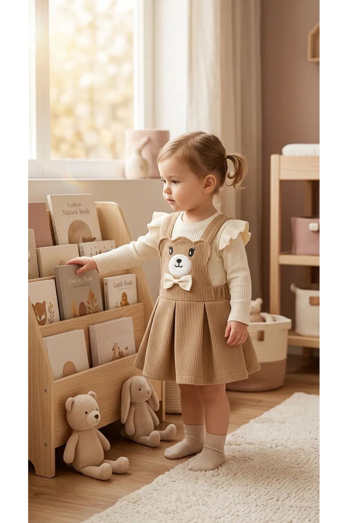 TA&CE Kız Çocuk Ayıcık Figürlü Uzun Kollu Tişörtlü Kadife Jile (Solopet) Elbise 2’li Takım (6-24 Ay) fotoğrafı 3 (önizleme)