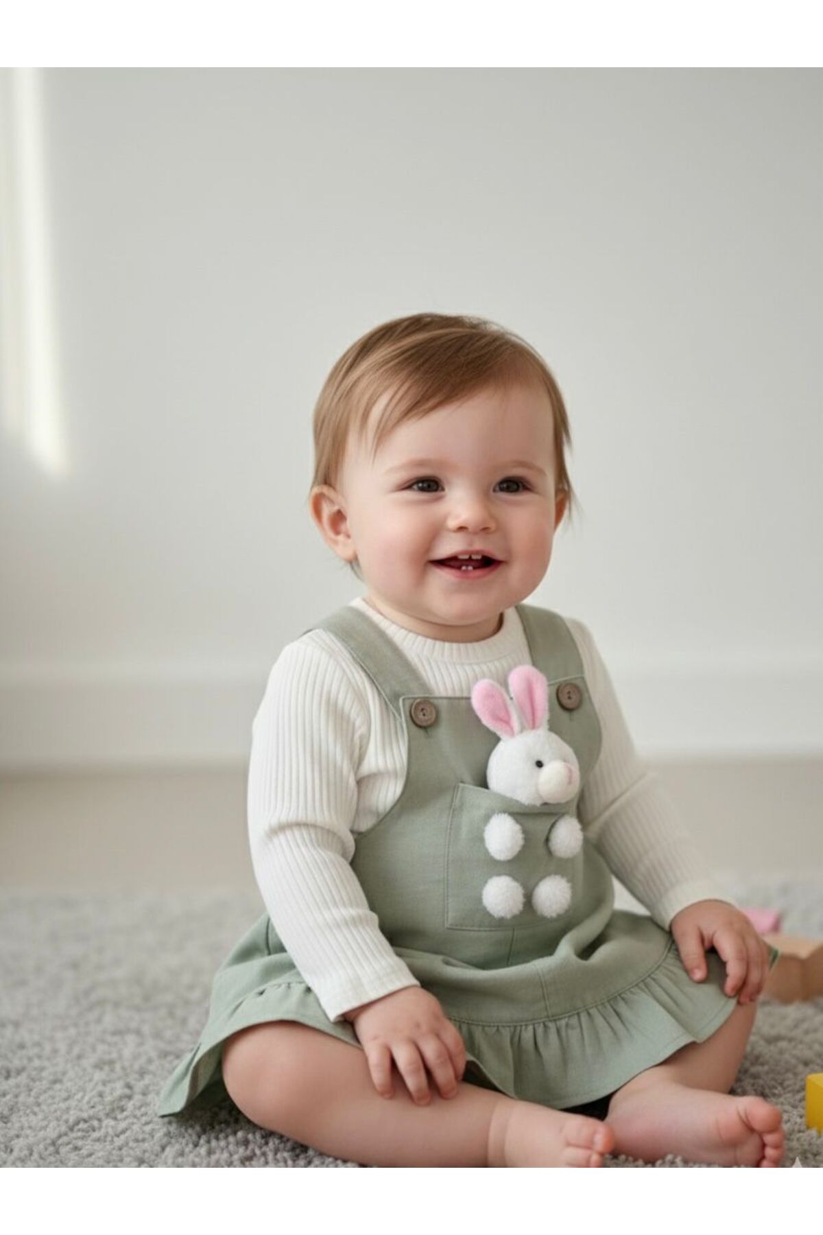 Egelite Kız Bebek Tavşancık Aksesuarlı, Keten Salopet Elbise ve Badili, 2 li, Şık Bayramlık Takım 9-12-18 ay fotoğrafı 7 (önizleme)