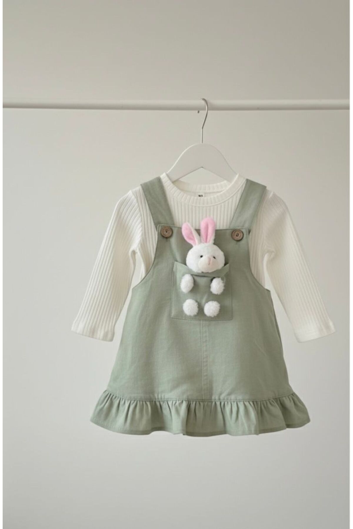 Egelite Kız Bebek Tavşancık Aksesuarlı, Keten Salopet Elbise ve Badili, 2 li, Şık Bayramlık Takım 9-12-18 ay fotoğrafı 5 (önizleme)