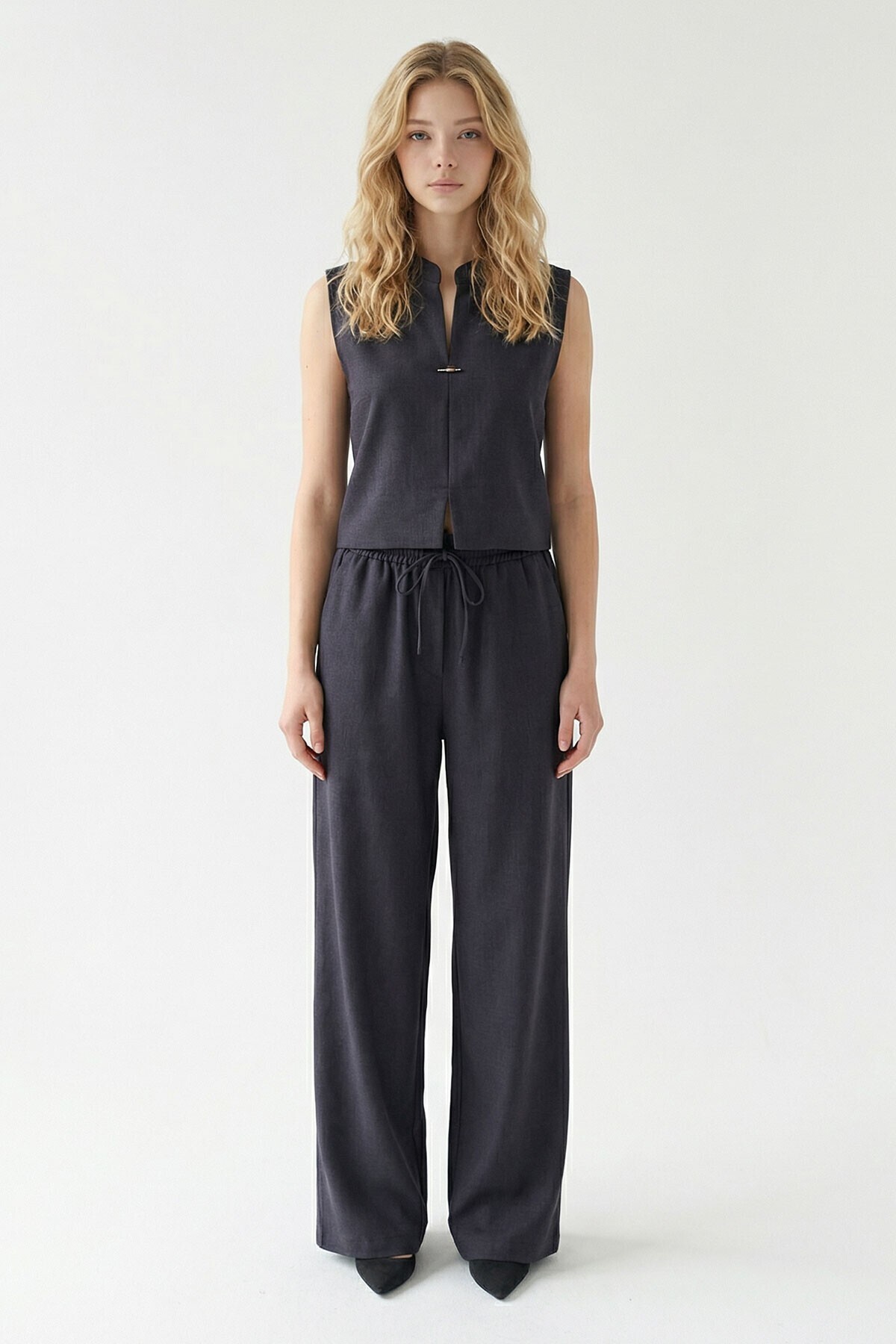 Black Judge Collar Blouse And Elastic Woven Pants Bottom Top Set