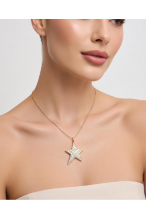 Stainlless Steel Paslanmaz Çelik Taşlı Yıldız Kolye – Gold Renk Parlak Zirkon...