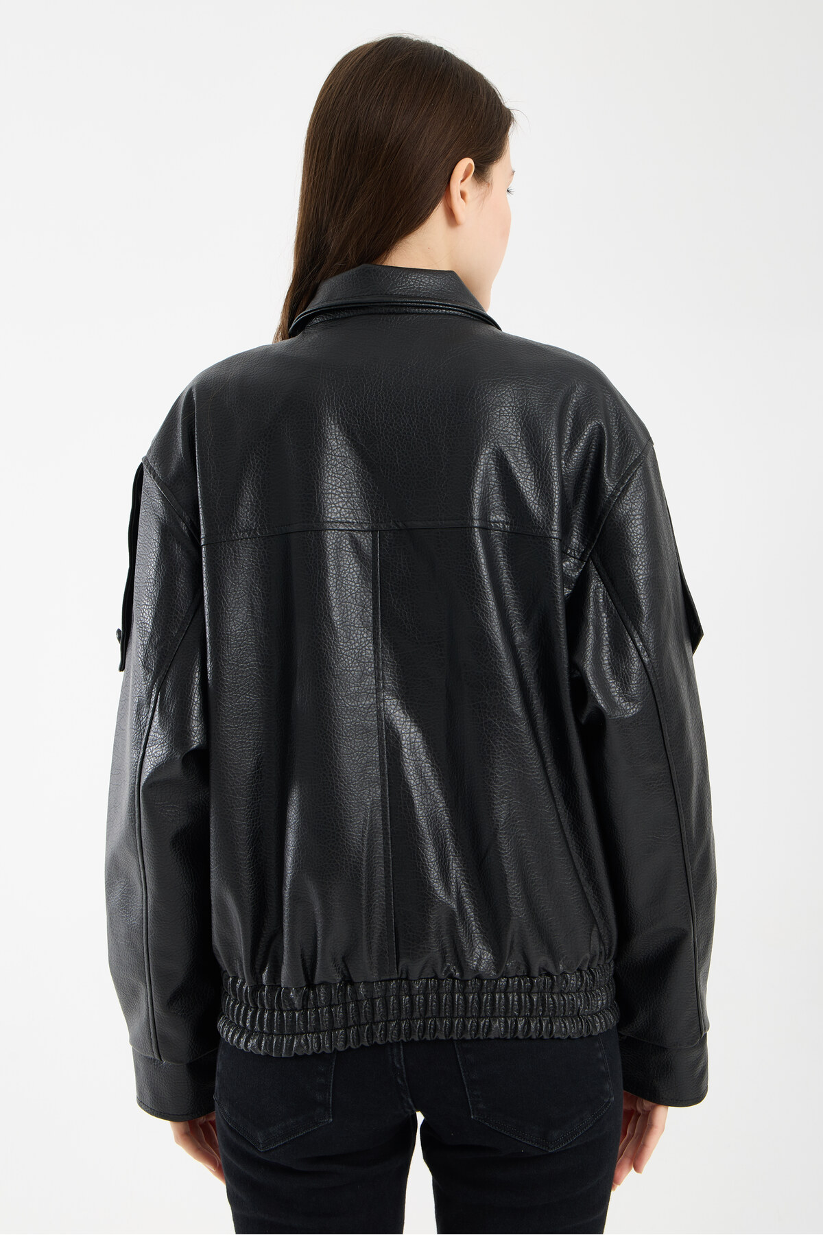 MATTİMODA  Dik Yaka Omuz Detaylı Kadın Oversize Deri Ceket - Görsel 5