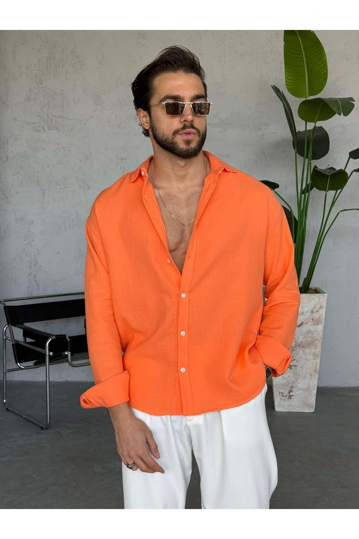 fo4rbs Muslin Fabric Oversized Shirt - Orange