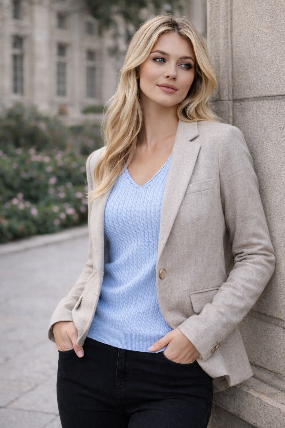 AQE FASHION  V Yaka Uzun Kollu Basic İnce Saç Örgülü Likralı Esnek Fit Bebe Mavisi Triko Kazak - Görsel 5