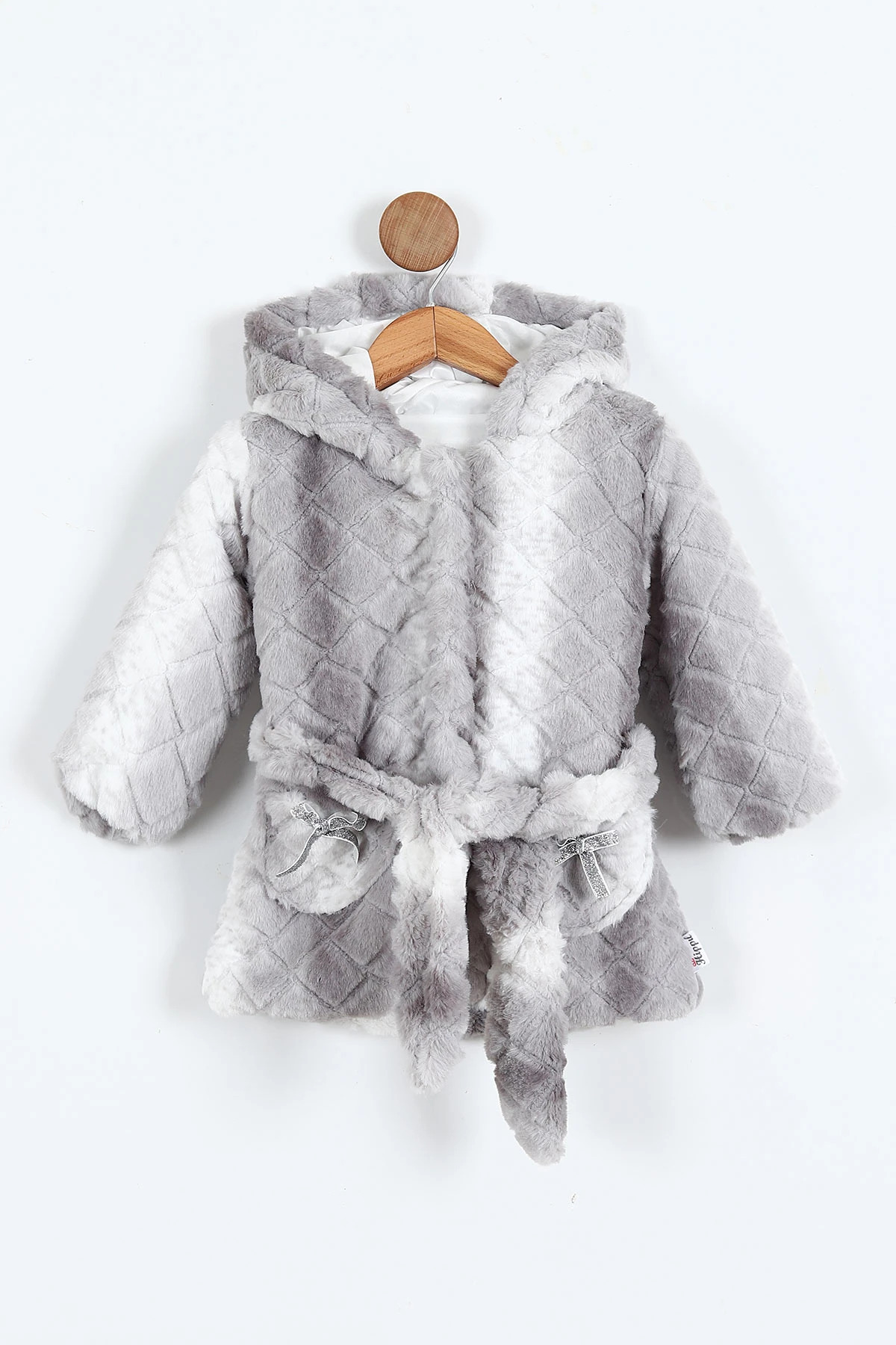 Hippıl Baby Gri Cep Fiyonk Detaylı Bel Kemerli Kapüşonlu Peluş Ekose Kız Çocuk Mont fotoğrafı 2 (önizleme)