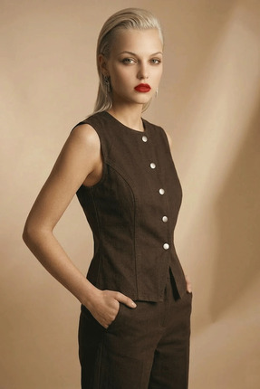 cemo Kadın Kahverengi Düğme Detaylı Kolsuz Yelek