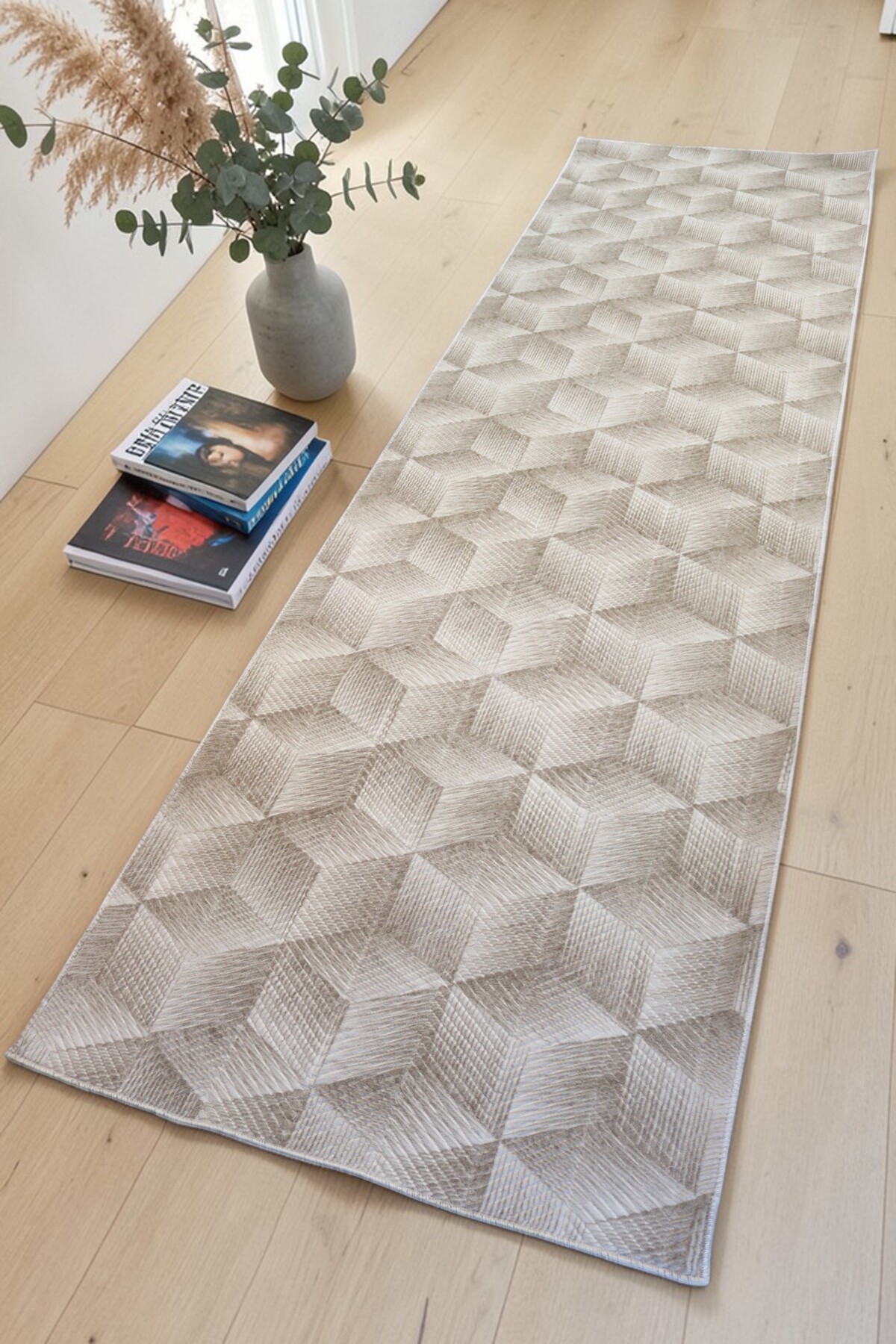 Nora Non-Slip Based Cut Embossed Living Room Corridor Kitchen Washable Beige