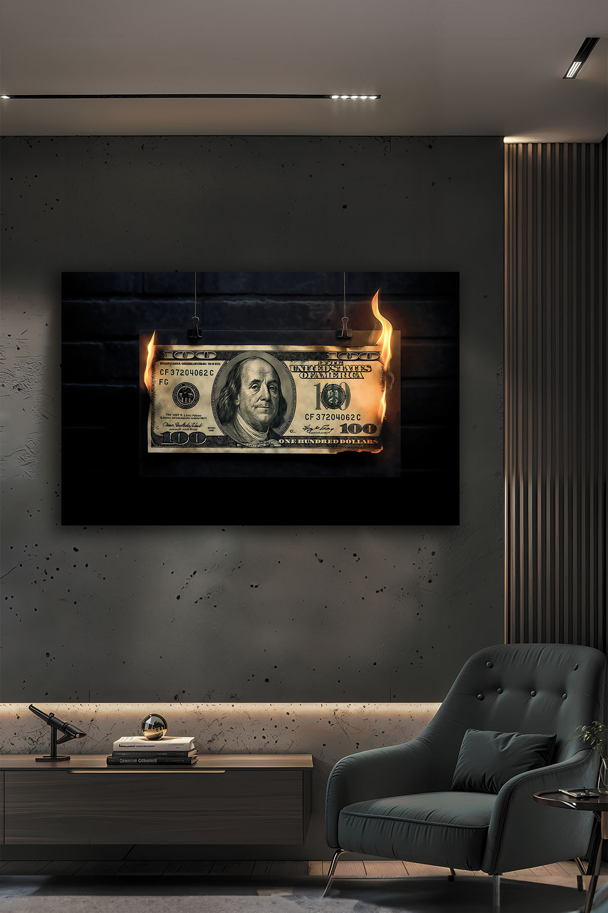 3D Modern Tasarım Lüks Yanan Dolar Temperli Dekoratif Cam Tablo