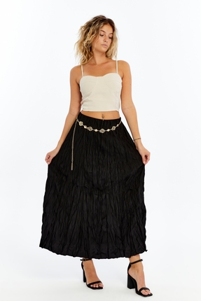 Transacoustic Kadın Siyah Kırışık Uzun Kloş Tesettür Etek