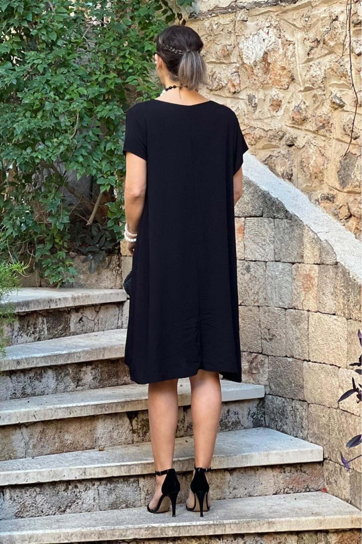 Nevin Kaya Moda Siyah V Yaka Basic %100 Pamuk Viskon Elbise görsel 4