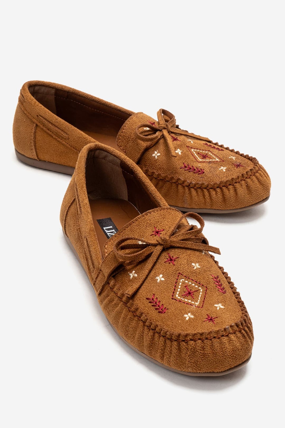 Women's Tan Embroidered Moccasin Flat Casual Casual Stylish Suede Shoes
