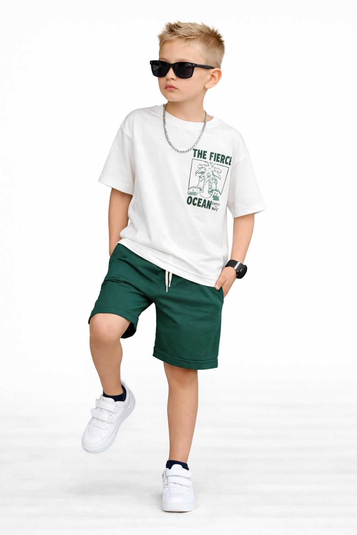 Boys White Printed T-Shirt Green Shorts Summer Suit – Comfortable Fit Casual Sports Outfit 11695