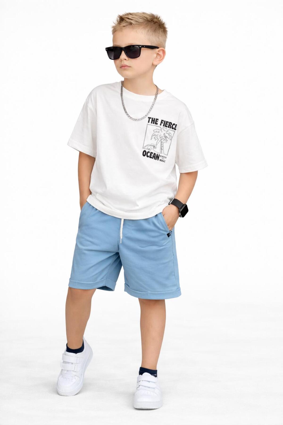 Boys White Printed T-Shirt Blue Shorts Summer Suit – Comfortable Fit Casual Sports Outfit 11695