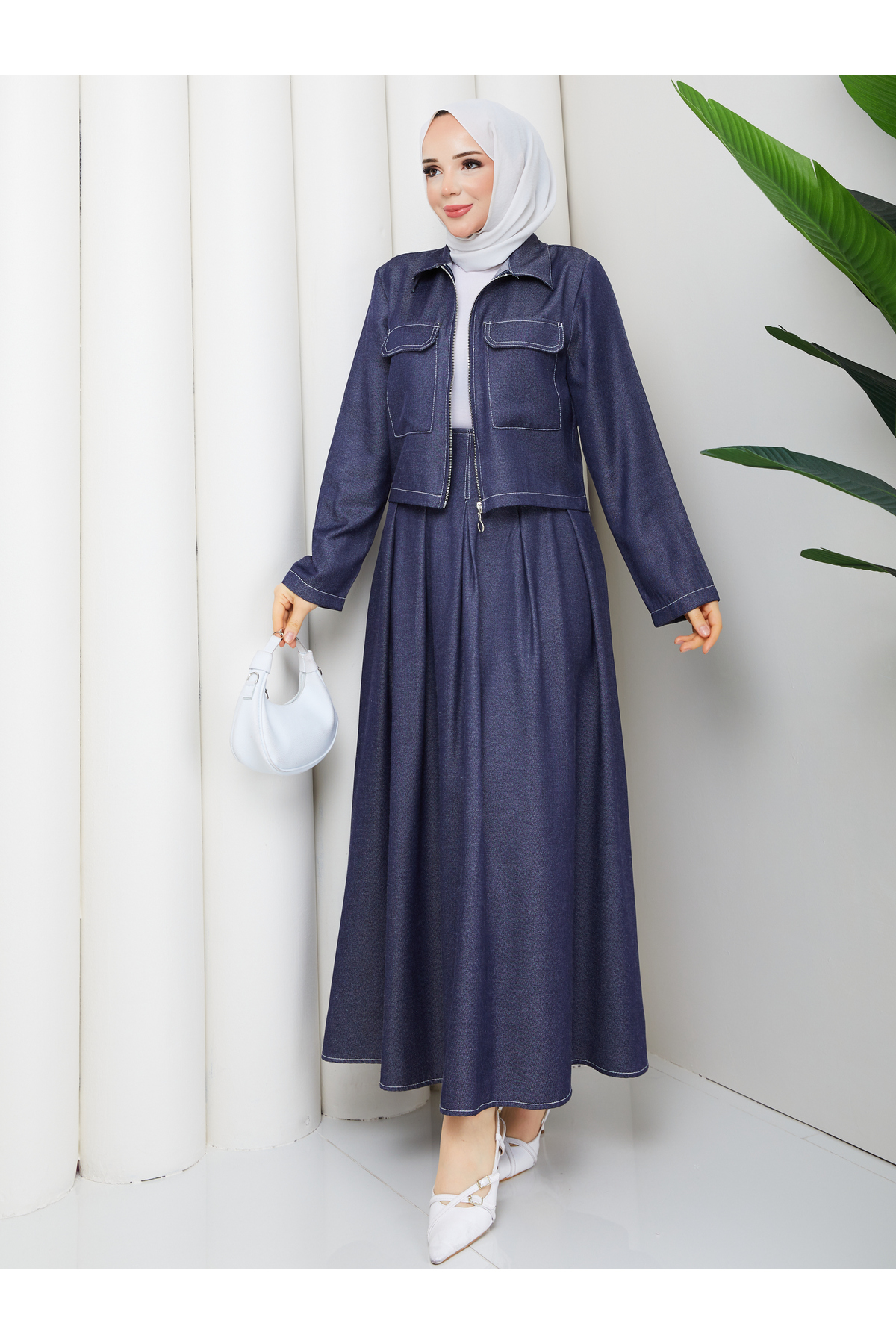 Pocket Detailed Zippered Denim Jacket & Corsaged Skirt Hijab Set RC9033