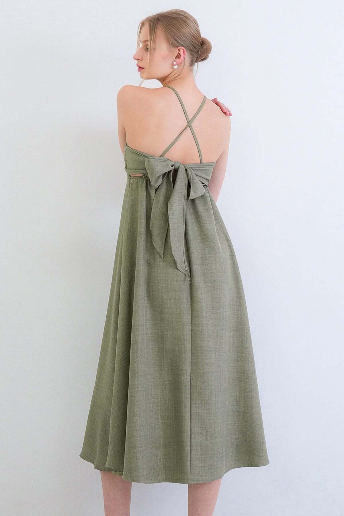 Green Rope Strapped Back Tied Maxi Size Summer Sofia Linen Dress ALC-X15333
