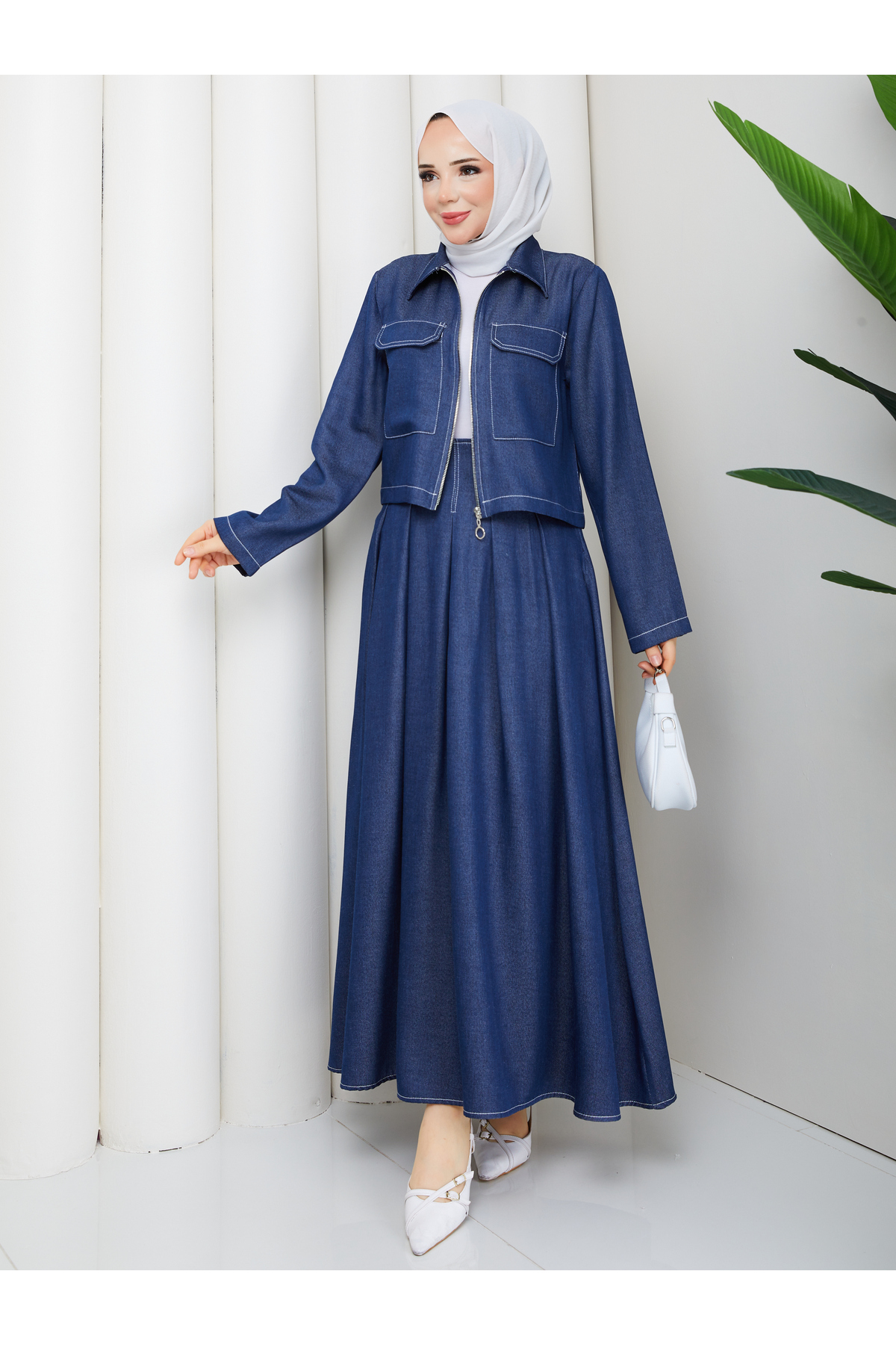 Pocket Detailed Zippered Denim Jacket & Corsaged Skirt Hijab Set RC9033