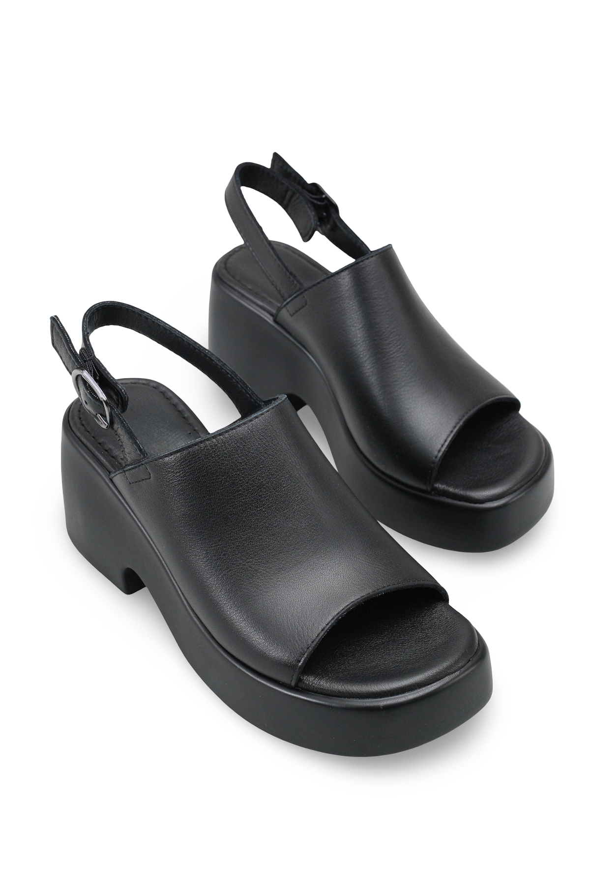 Women's Black Genuine Leather Straight Detailed Padding Heel Casual Comfortable Sole Stylish Sandals