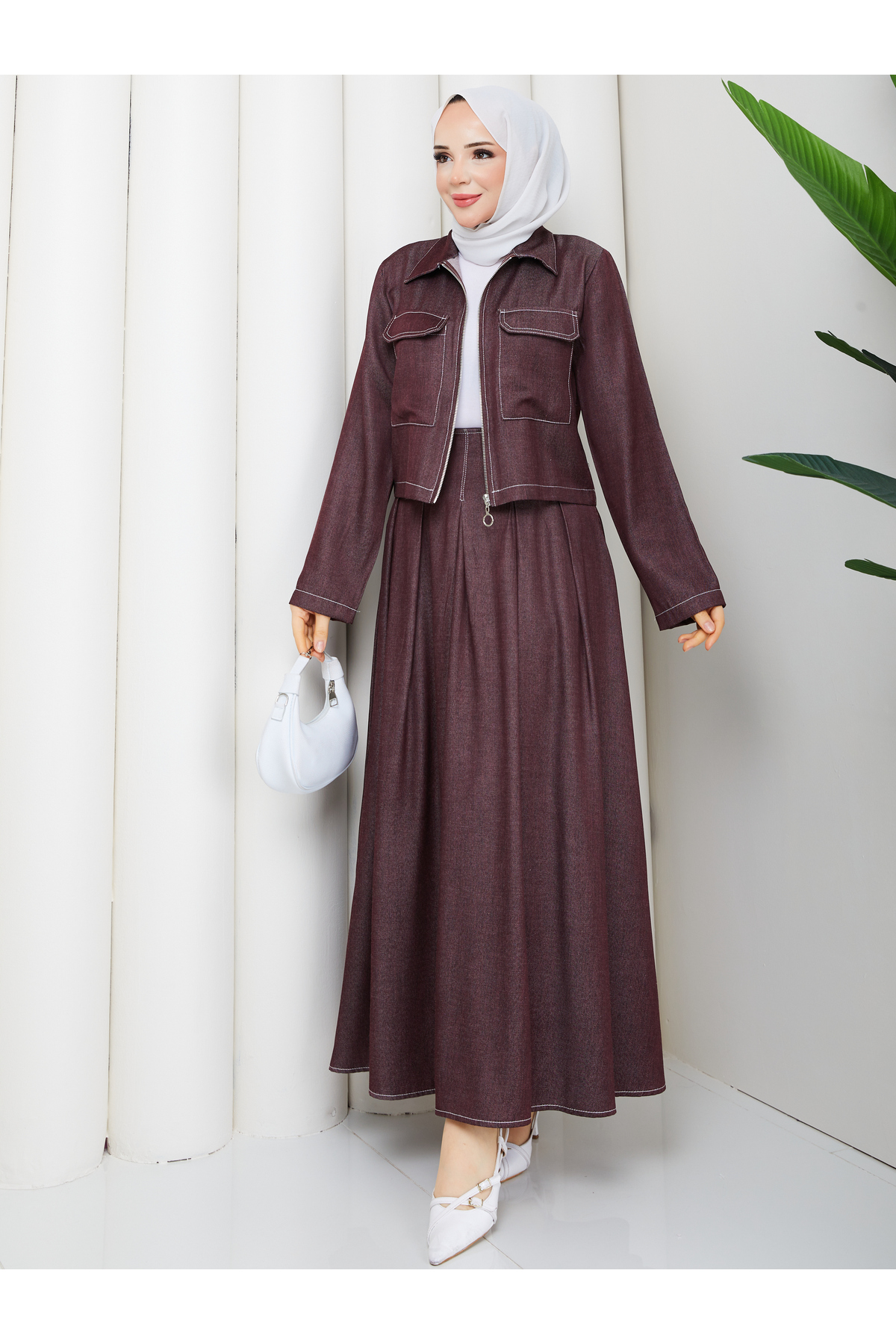 Pocket Detailed Zippered Denim Jacket & Corsaged Skirt Hijab Set RC9033