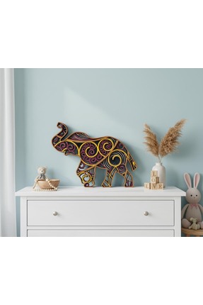 STORi Ahşap Mandala Fil Dekor – El Boyamalı 5 Katman Lazer Kesim Duvar-Raf Sü...