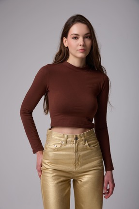 flaze Kadın Kahverengi Uzun Kollu Slim Fit Esnek Crop Body