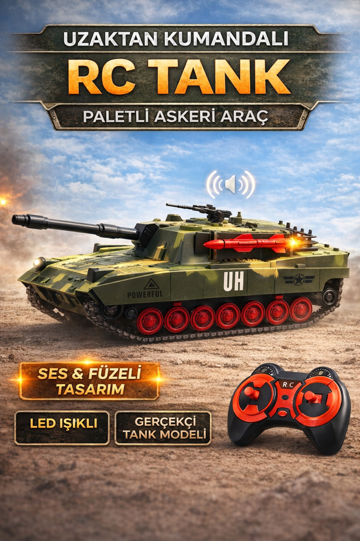 YILDIRIM OYUNCAK Uzaktan Kumandalı Şarjlı LED Işıklı Sesli Tank
